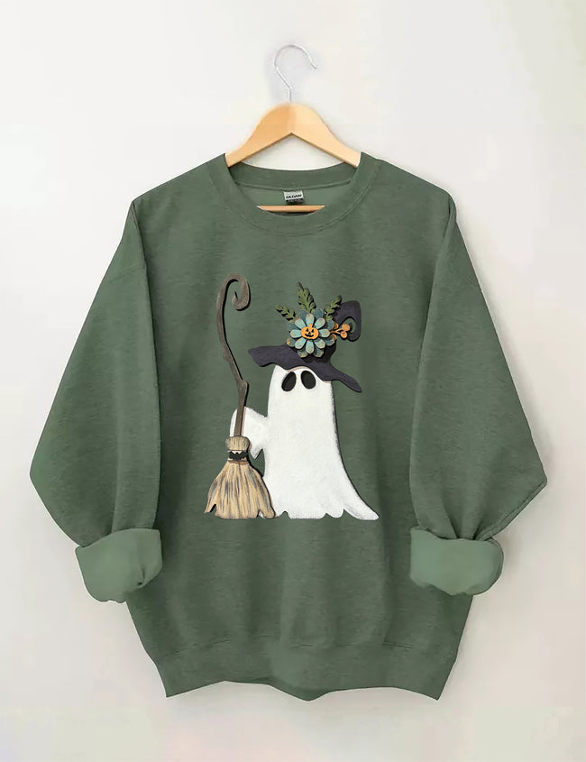 Ghost Witch With Broomstick Sweatshirt