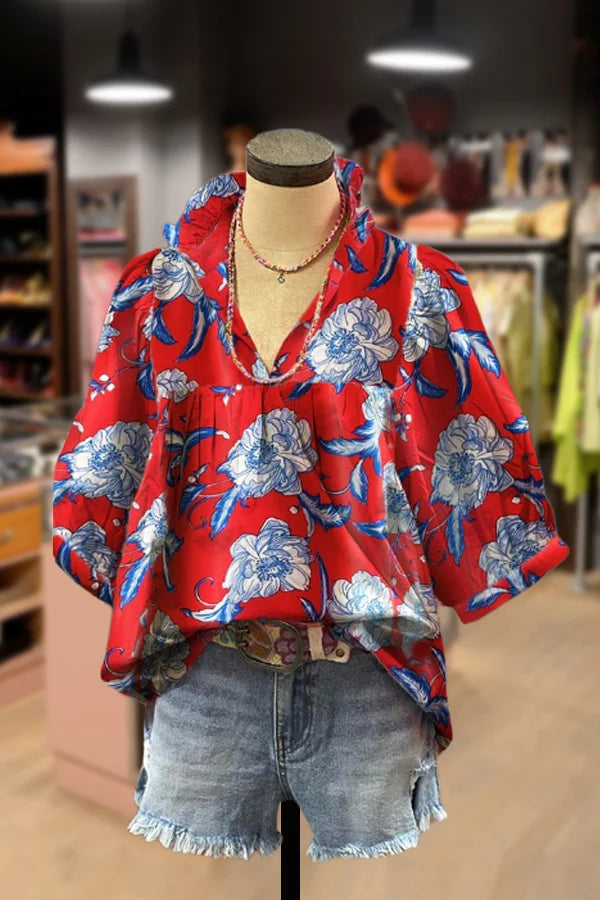 Haut à volants, col en V, imprimé floral, manches bouffantes
