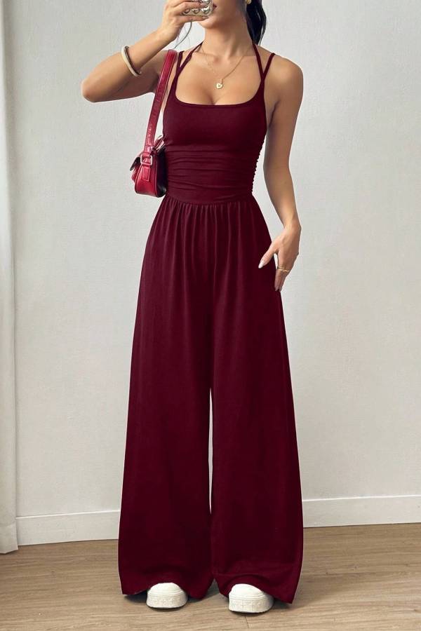 Halter Spaghetti Strap Ruched Wide Leg Jumpsuit Square Neck High Waist Casual Romper