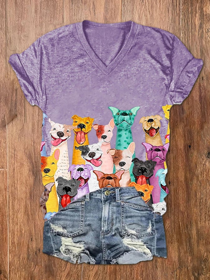 T-shirt col V imprimé chiens colorés et amusants pour femme