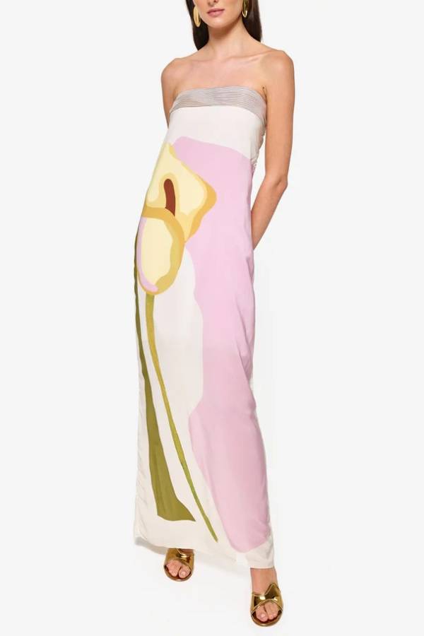 Dalva Calla Lilies Print Pleated Metallic Fabric Patchwork Bandeau Loose Maxi Dress