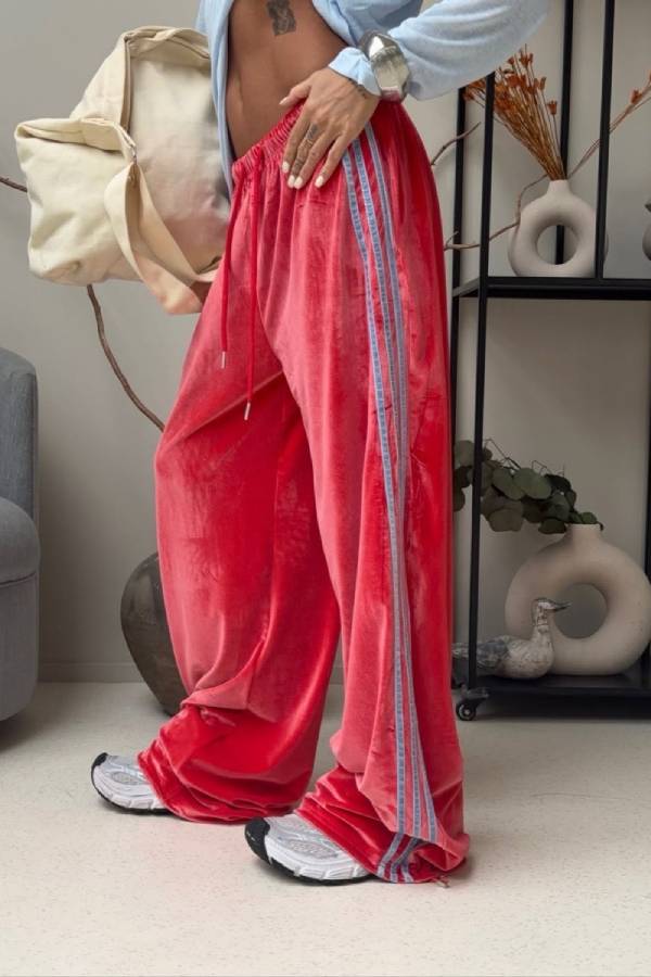 Velvet Wide Leg Pants with 3 Side Stripes