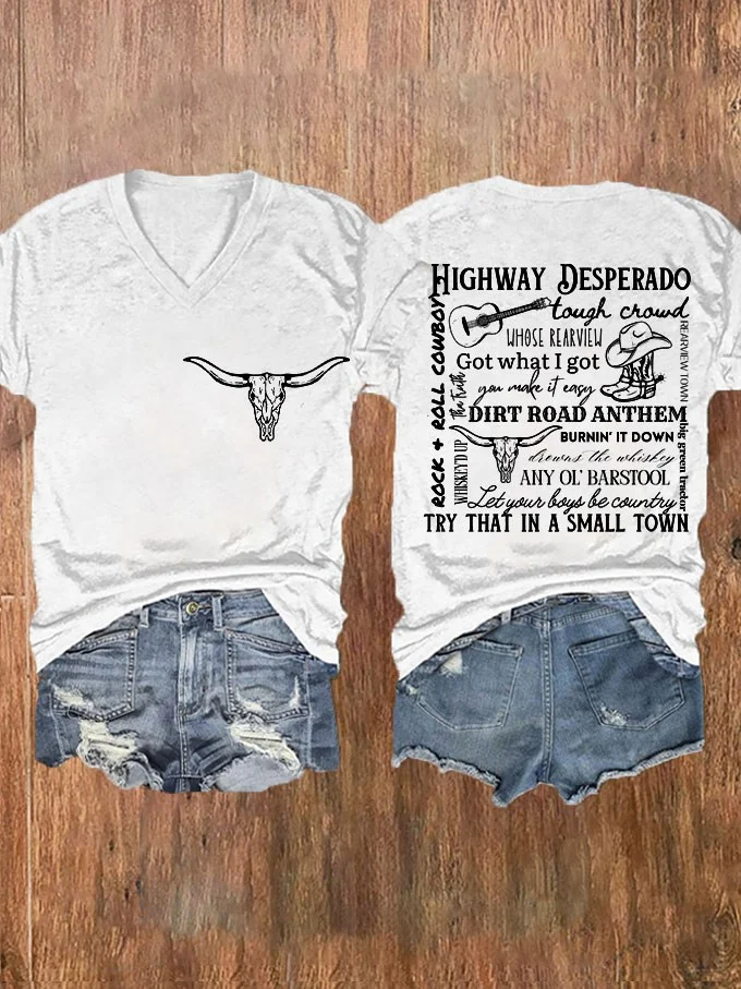 T-shirt col V imprimé drapeau occidental pour femme « Essayez ça dans une petite ville »