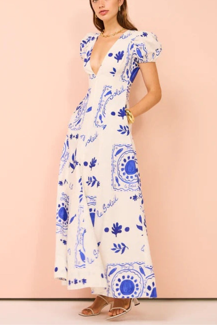 Embrace The Glamour Linen Blend Unique Print Puff Sleeve Pocketed Maxi Dress