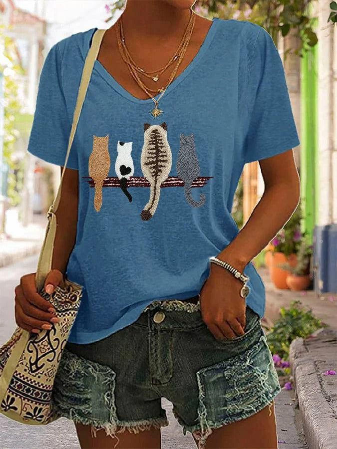 T-shirt col V à imprimé chat pour femme