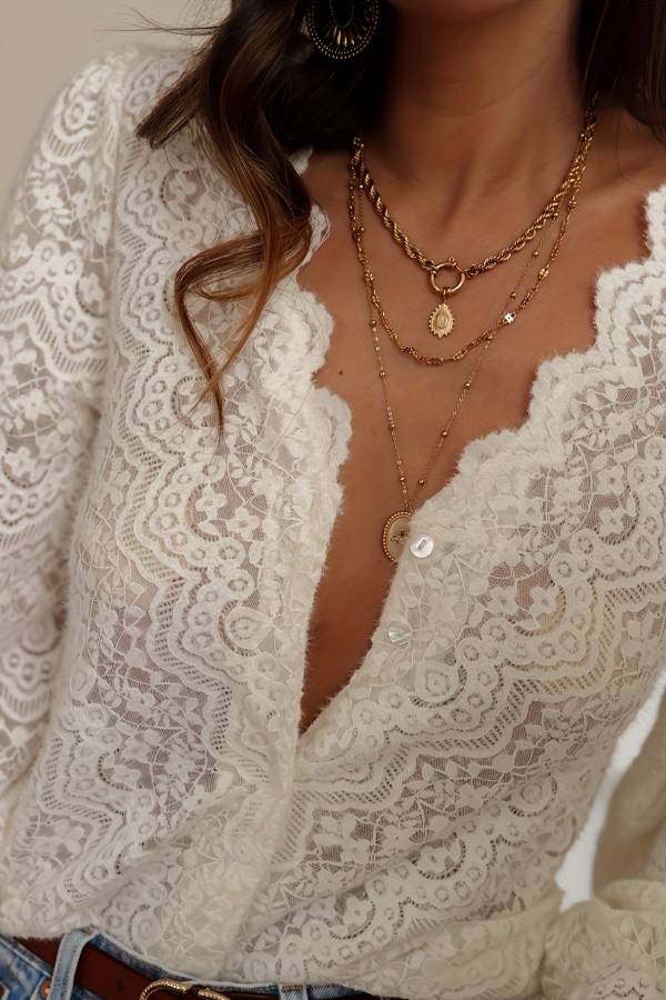 V-Neck Scalloped Lace Long Sleeve Top