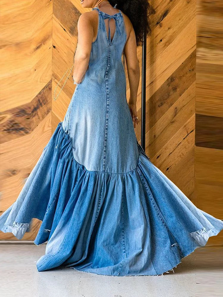 Robe longue dos nu plissée en jean déchiré UR Fashion