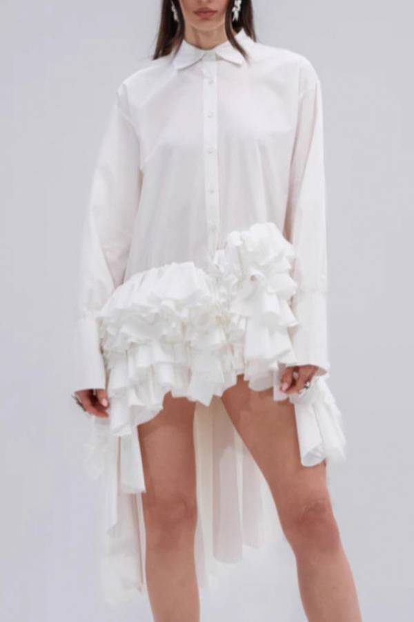 Deconstructed Asymmetrical Ruffle Shirt Dress High Low Oversized Long Sleeve Mini Gown