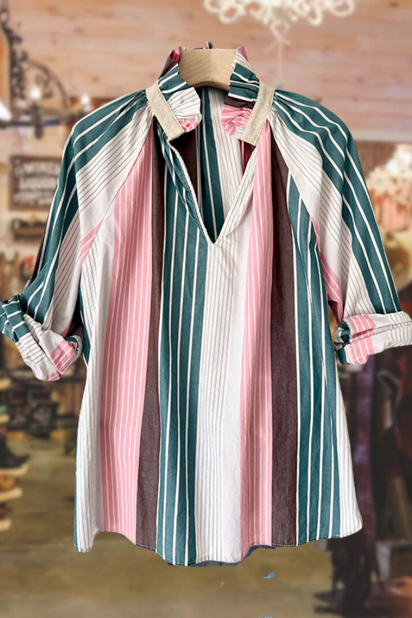 Multicolor Stripe Ruffle Long Sleeve Blouse