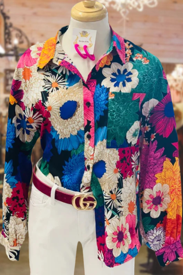 Mixed Floral Print Collared Button Up Blouse
