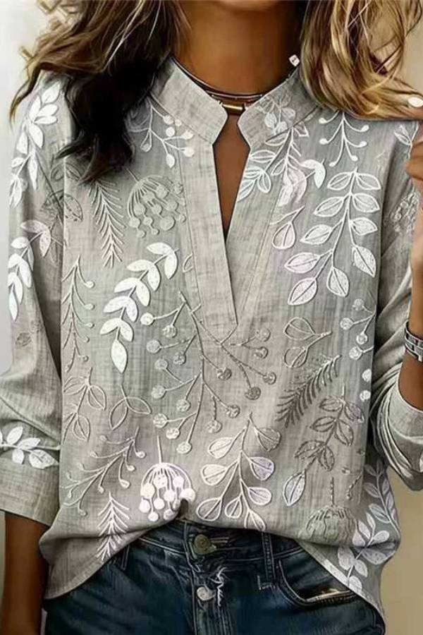 Floral Print Stand Collar Long Sleeve Blouse