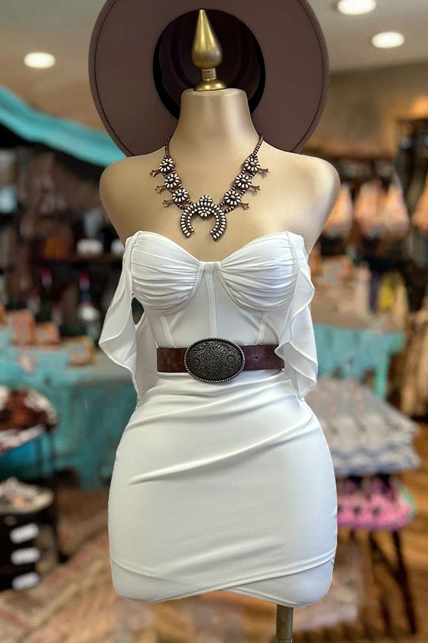 Wunderschönes schulterfreies Minikleid mit Rüschenärmeln