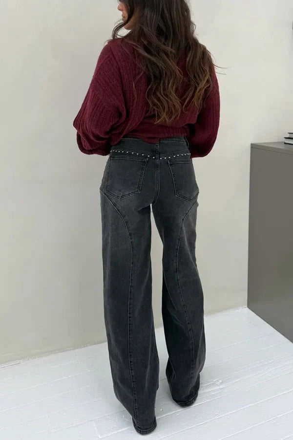Trendy and Unique Denim Beaded High Rise Pocket Straight Leg Jeans