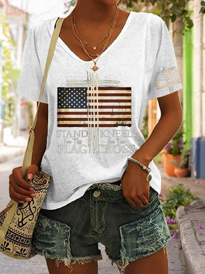 Women's Stand For The Flag Kneel For Cross Love USA Print T-shirt