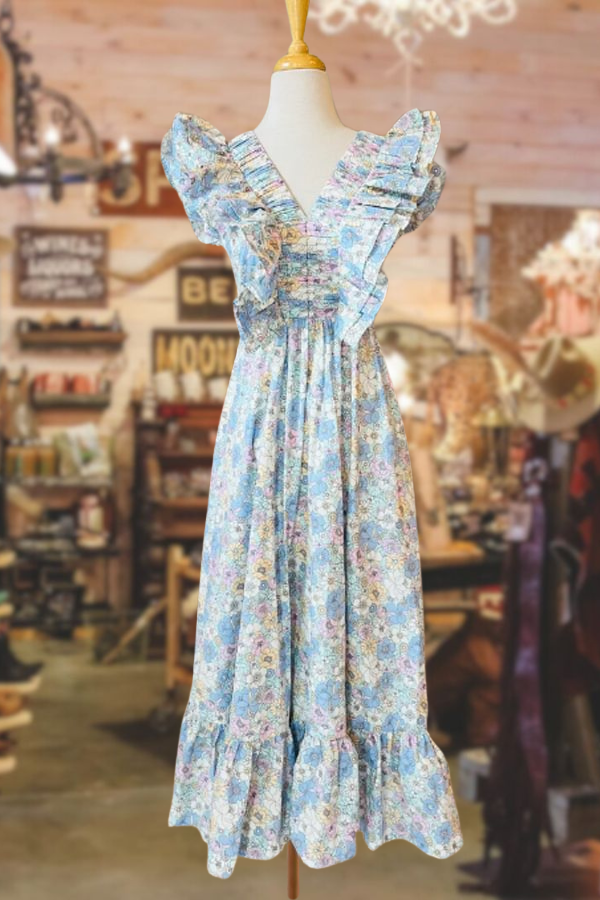Robe longue à volants et col en V à imprimé floral