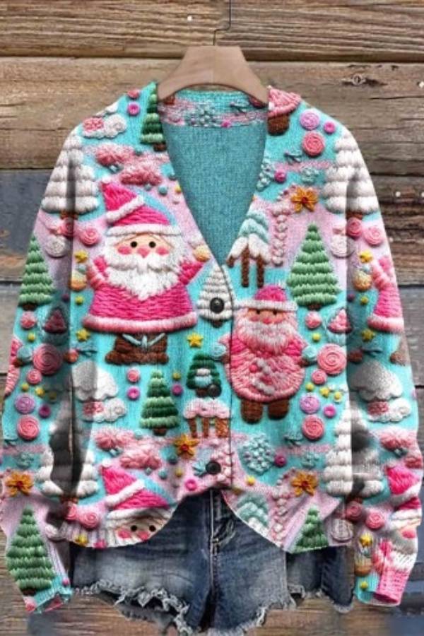 Christmas-themed V-neck single-breasted loose-fitting knit cardigan
