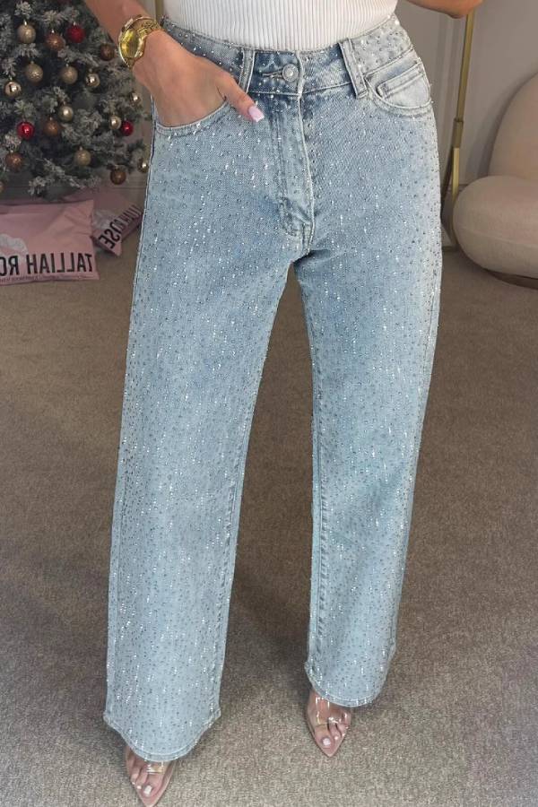 High‑Waisted Full Rhinestone Wide‑Leg Jeans