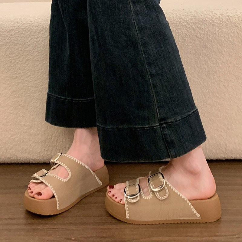 Double-Buckle Platform Slide Sandals