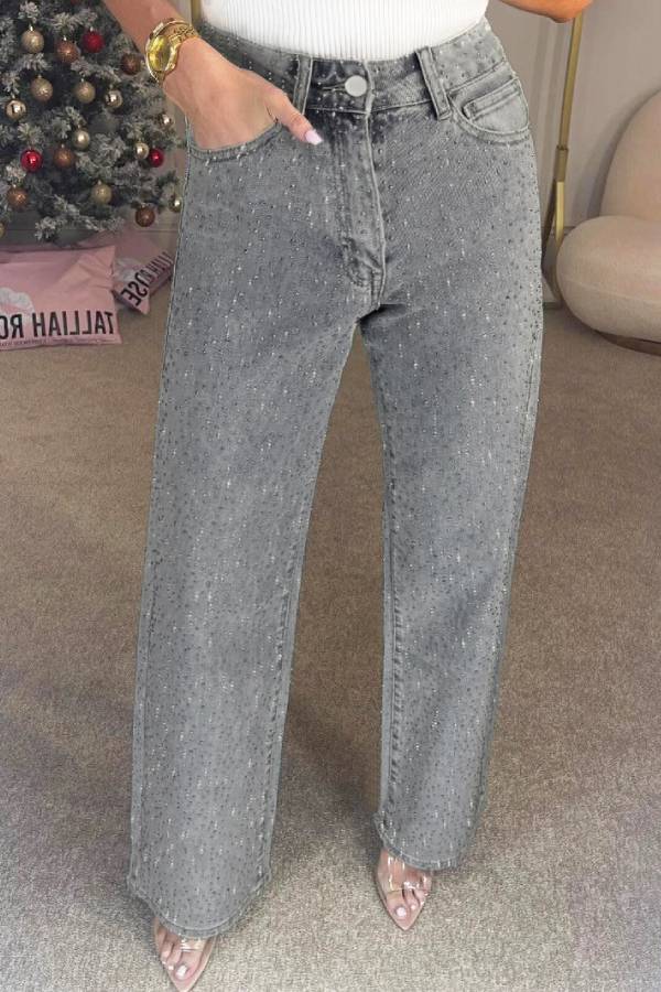 High‑Waisted Full Rhinestone Wide‑Leg Jeans