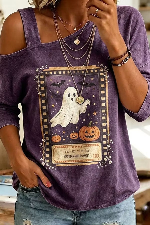Cozy Fall Vibes Black Cat Print Off-Shoulder Halloween Top