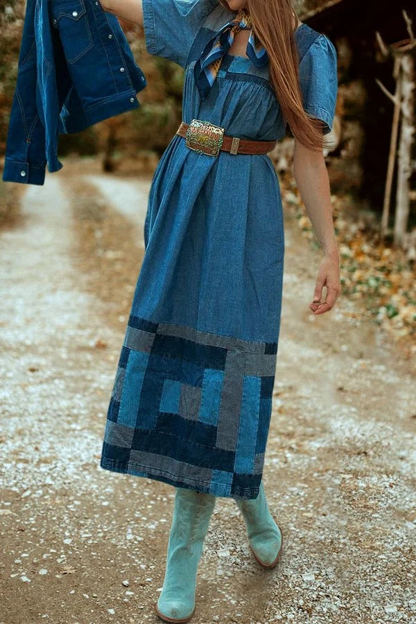 Retro Western Print Short Sleeve Dress