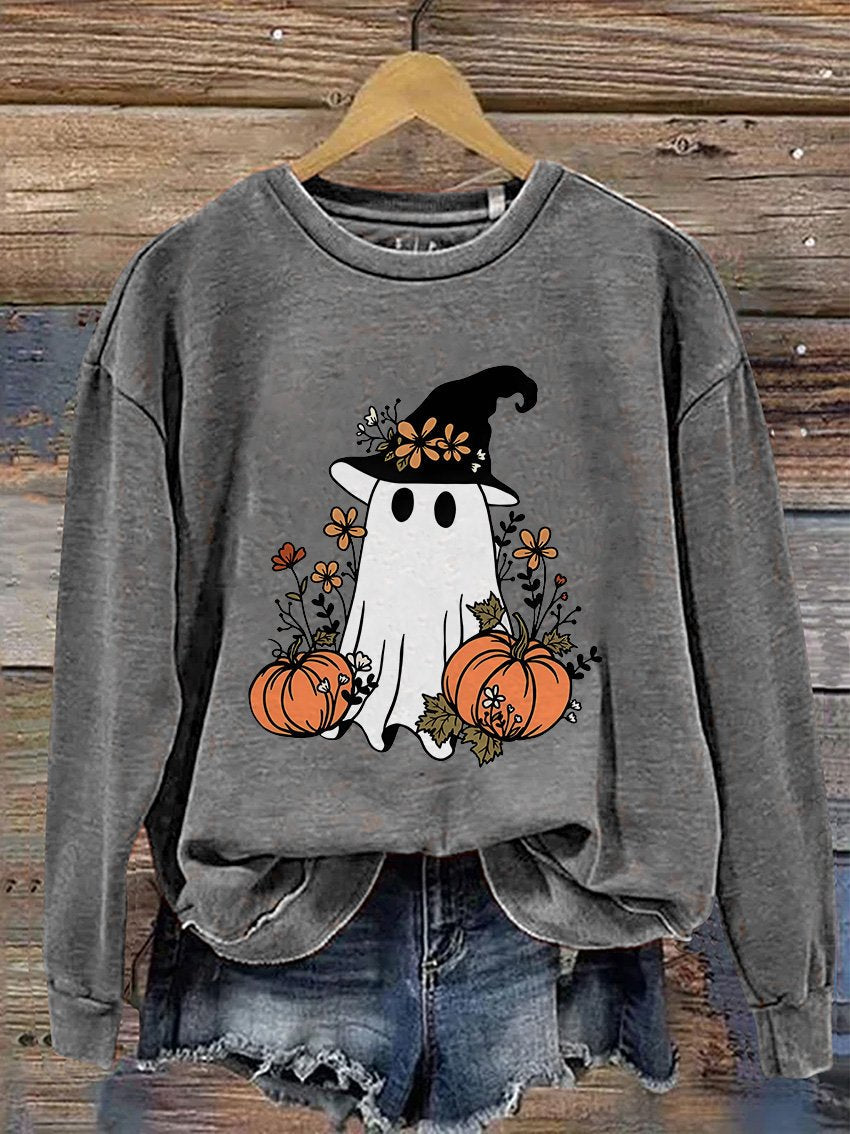 Sweat-shirt décontracté à imprimé fantôme effrayant pour Halloween