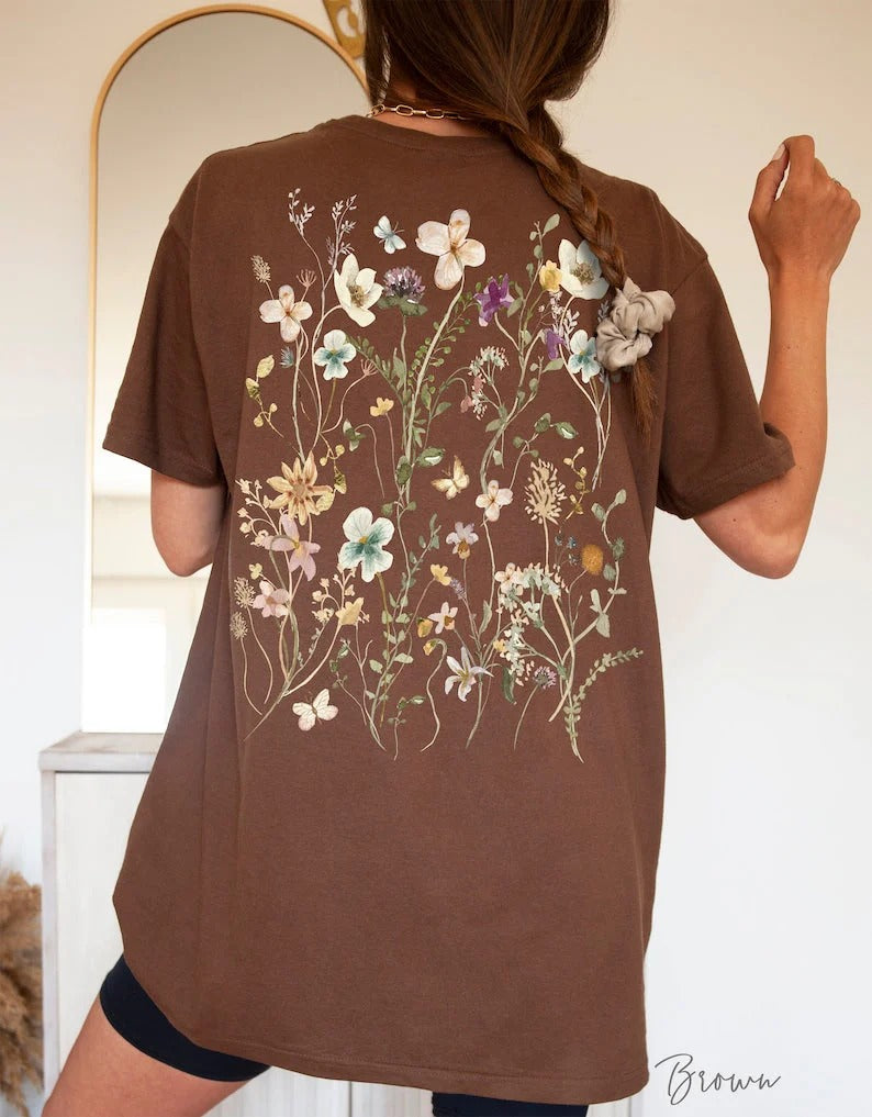 T-shirt imprimé fleurs pressées au dos, cadeau pour les amoureux du jardin