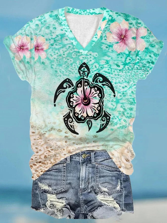 Women's Hawaiian Sea Turtles Print Casual T-Shirt
