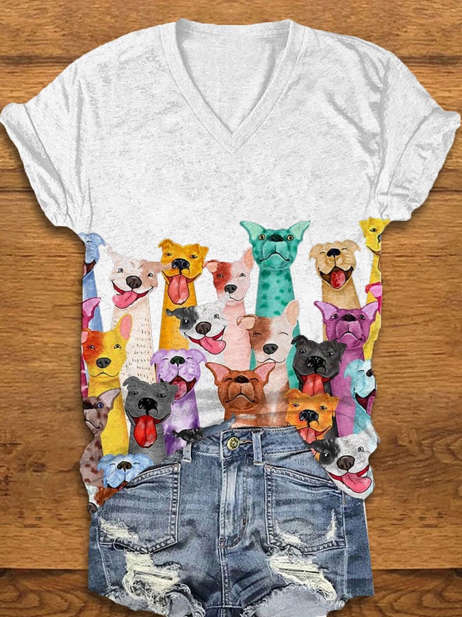 T-shirt col V imprimé chiens colorés et amusants pour femme