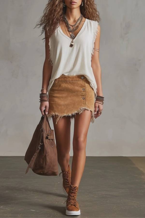 Western Retro Frayed Camel Denim Mini Skirt And Shorts