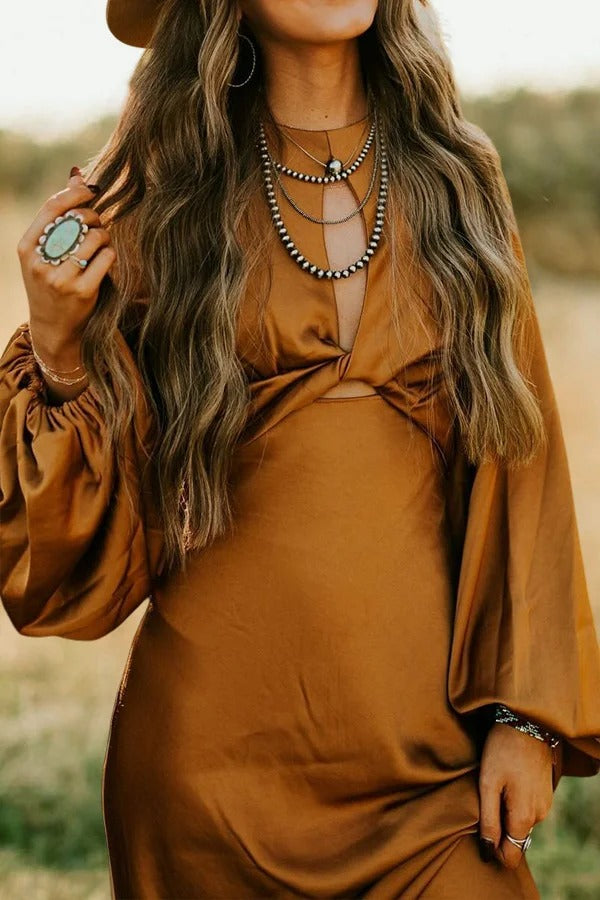 Satin Twist Balloon Sleeve Dress