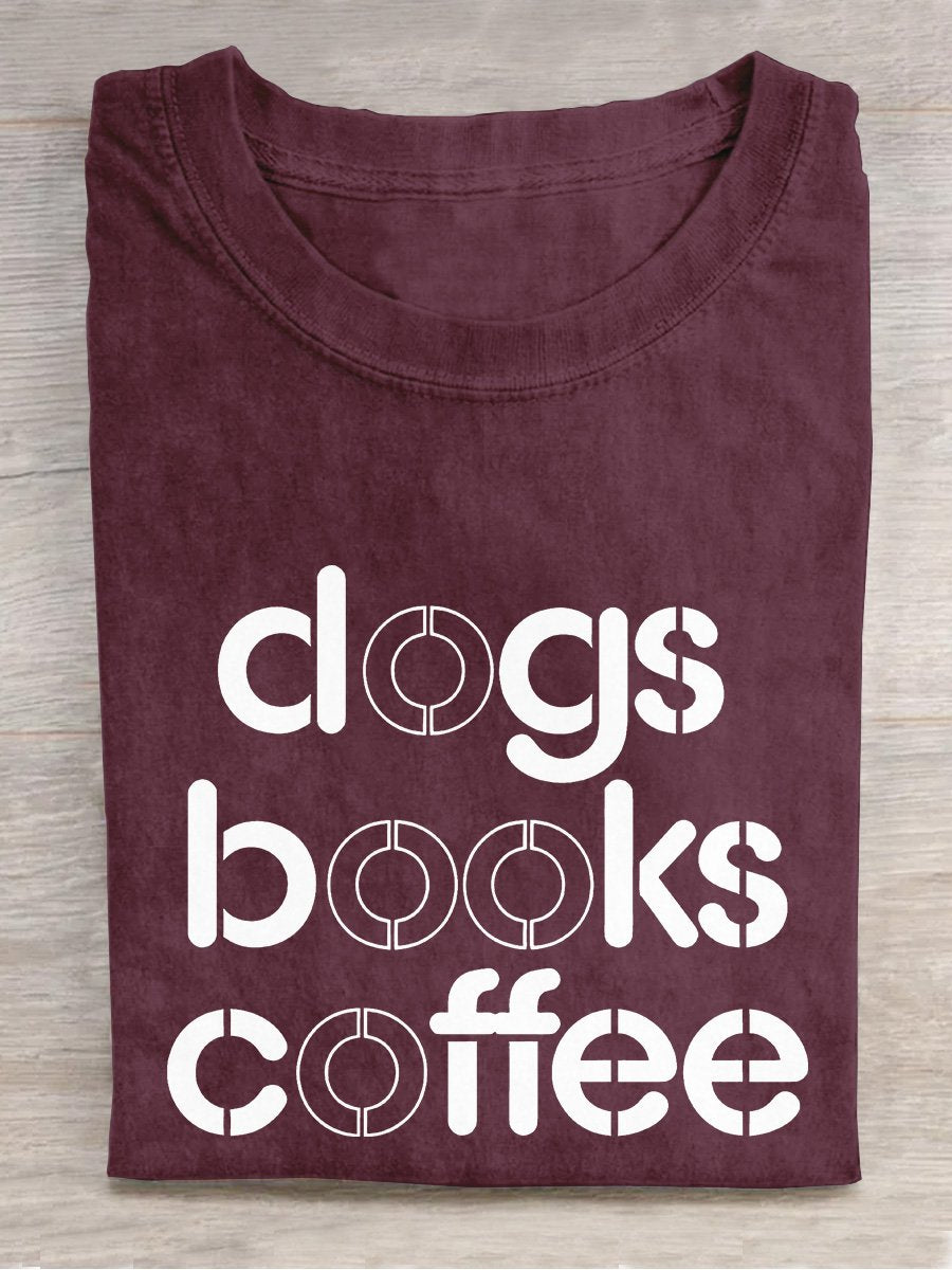 Dog Book and Coffee Casual Print T-shirt
