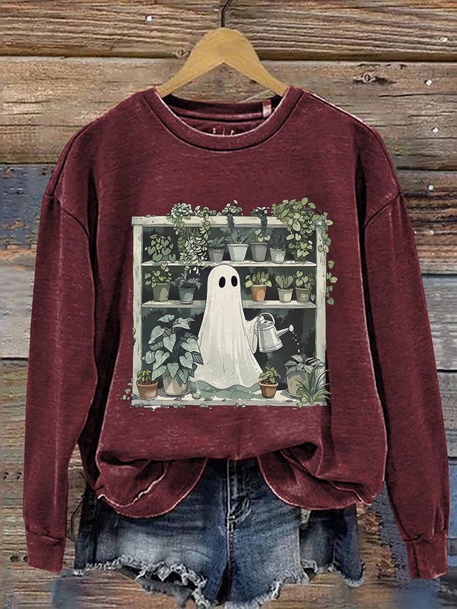 Ghost Plant Lady Halloween Plants Casual Print Sweatshirt