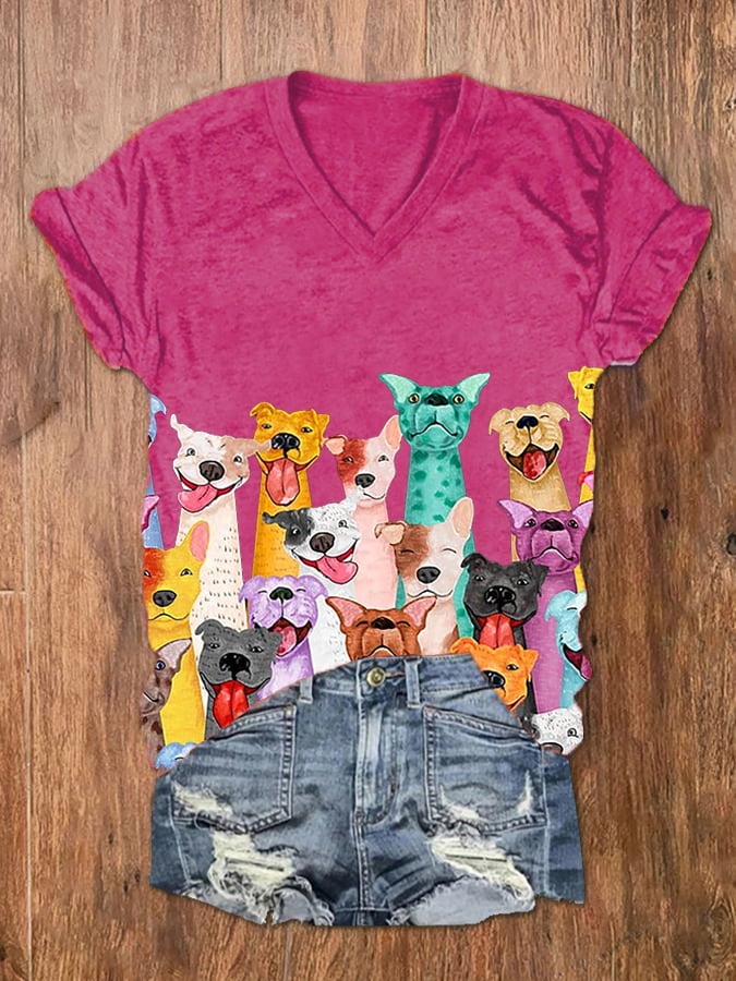 T-shirt col V imprimé chiens colorés et amusants pour femme