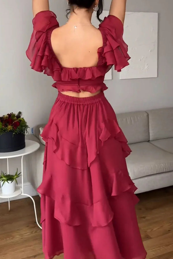 Square Neck Ruffle Sleeves Backless Dress