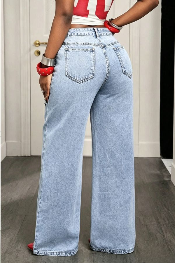 Sense of Design Denim Wrap Button Waist Pocketed Wide Leg Jeans