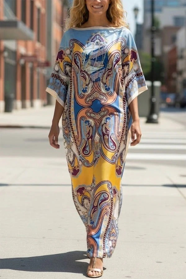 Luxury Vacation Satin Court-style Printed Batwing Sleeve Loose Kaftan Maxi Dress