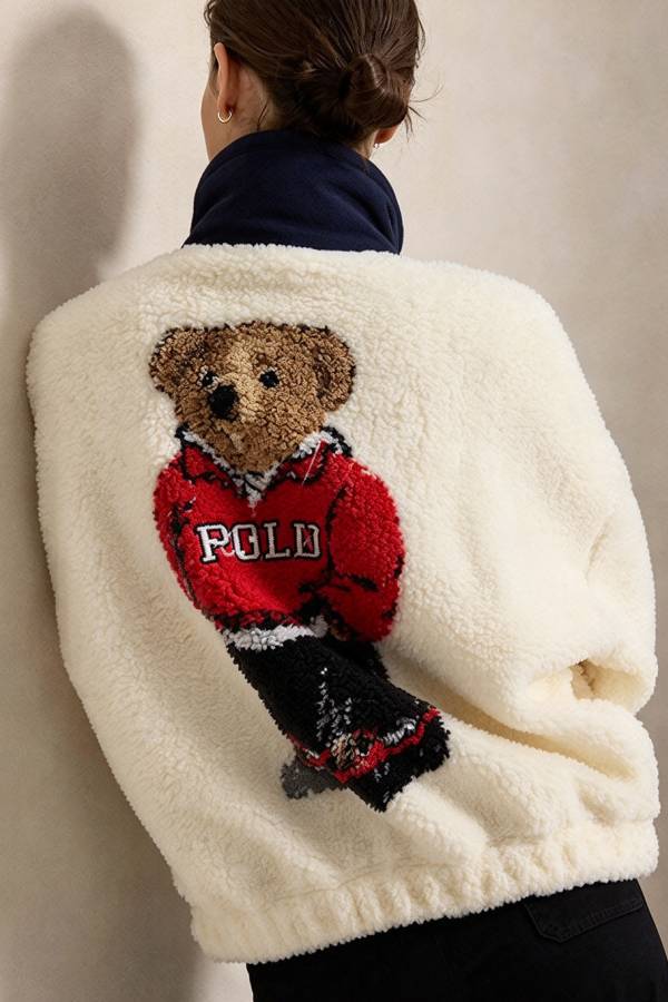 Cute Bear Print Colorblock High-Pile Fleece Zipper High Neck Long Sleeve Pocket Sweatshirts