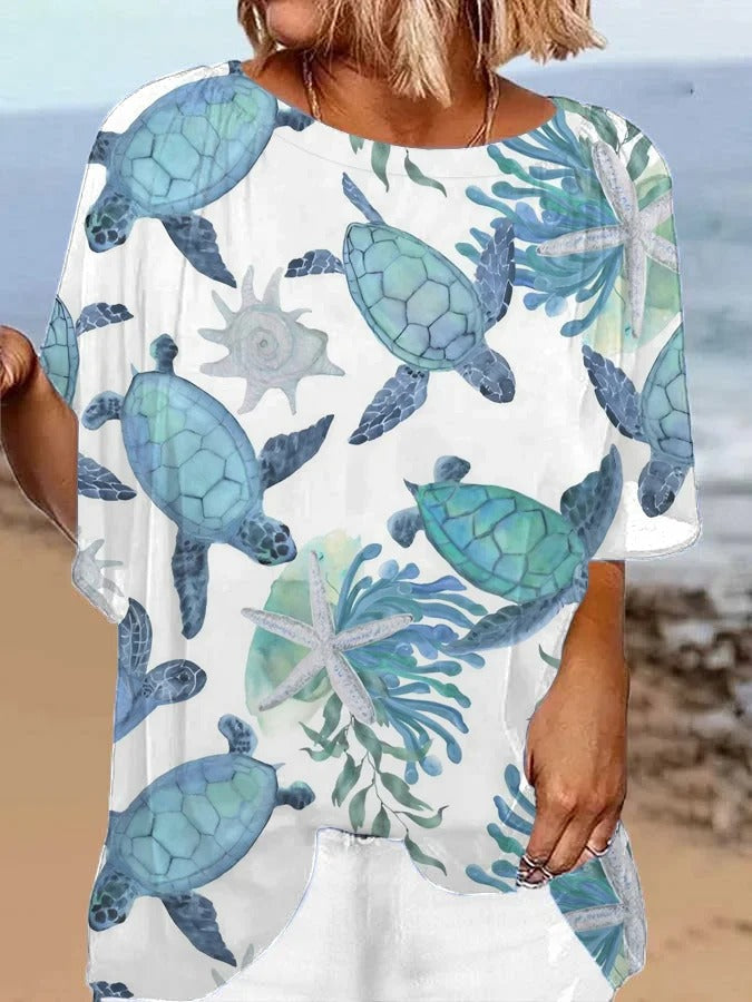 Chemise décontractée hawaïenne à imprimé tortue pour femme