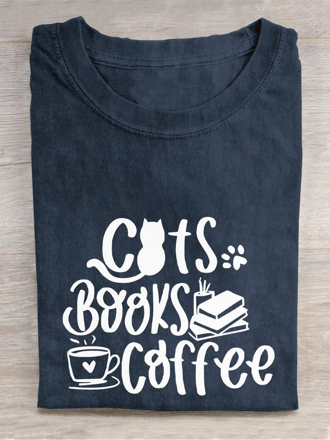 Cats Books Coffee Lover Casual Print T-shirt