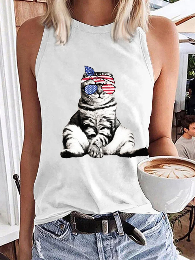 Débardeur imprimé chat pour femme, fête de l'indépendance