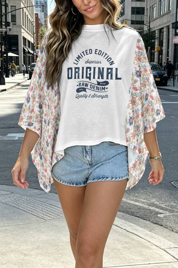 Graphic Print Mixed Fabric Batwing Sleeve Irregular Back Hem Blouse