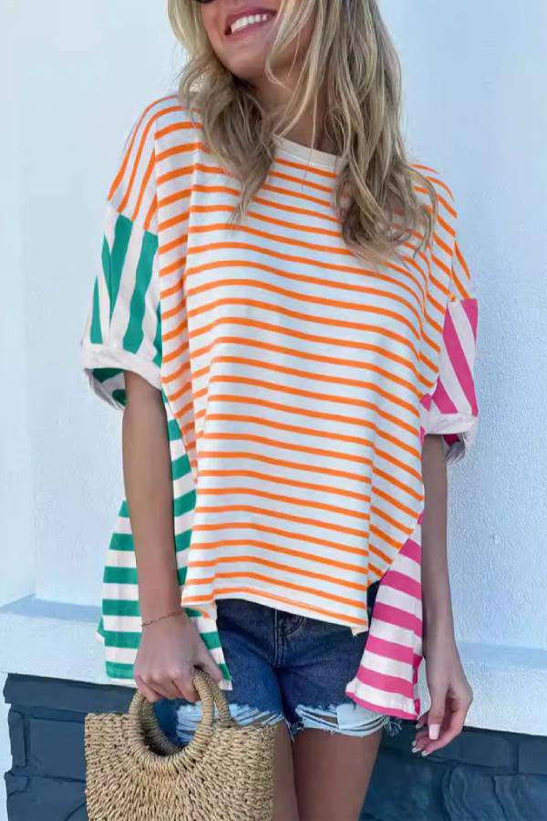 Color Block Stripe Patchwork Irregular Hem Oversized Batwing Sleeve T Shirt