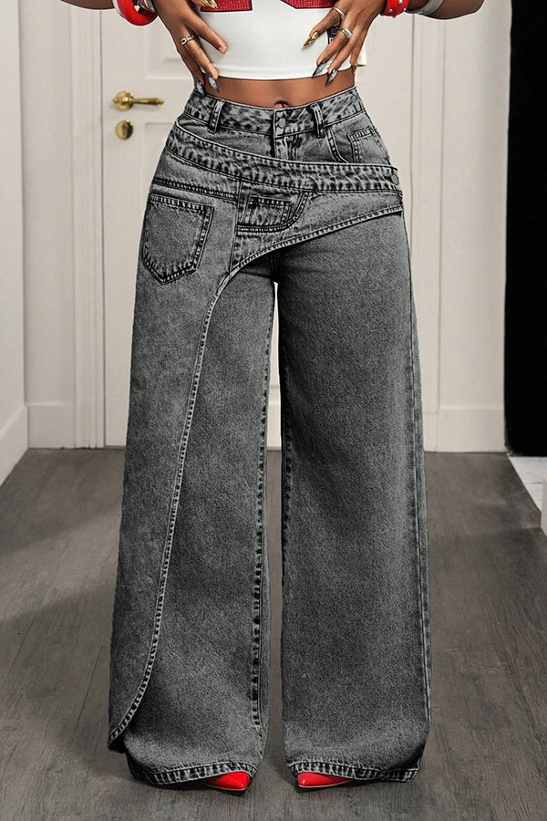 Sense of Design Denim Wrap Button Waist Pocketed Wide Leg Jeans