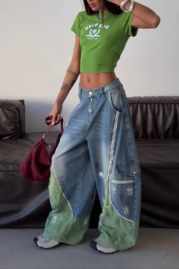 Street‑Style Color‑Block Graffiti Wide‑Leg Cargo Jeans