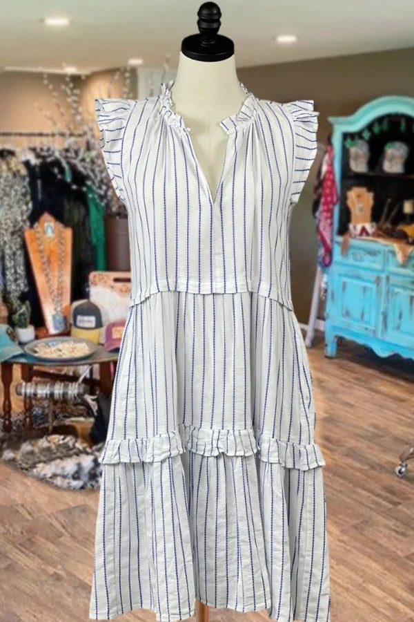 Striped V-Neck Ruffle Sleeveless Tiered Dress