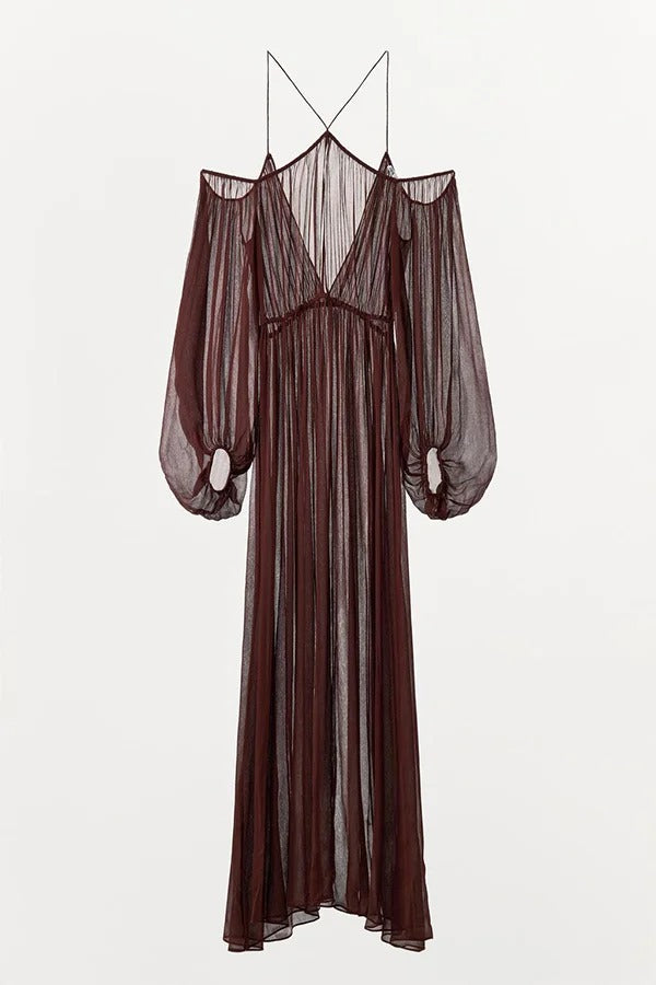 Marsie Semi-sheer Fabric Cutout Off Sholder Elastic Waist Slit Maxi Dress