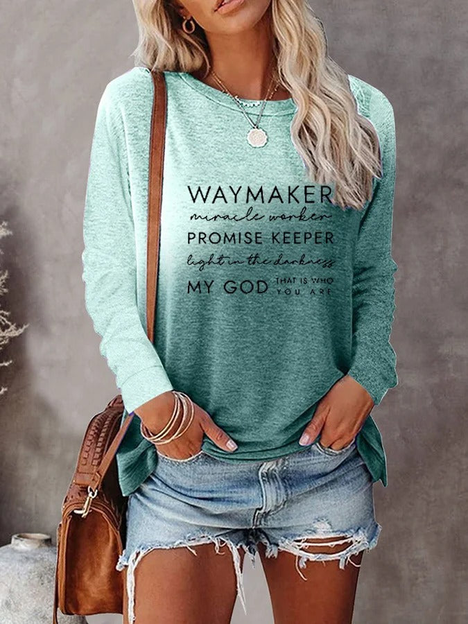 Women's Waymaker Miracle Worker Promise Keeper Light in the Darkness My God Printed Crew Neck Long Sleeve T-shirt