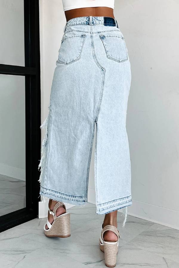 High-Waisted Distressed Frayed Slit Denim Midi Skirt