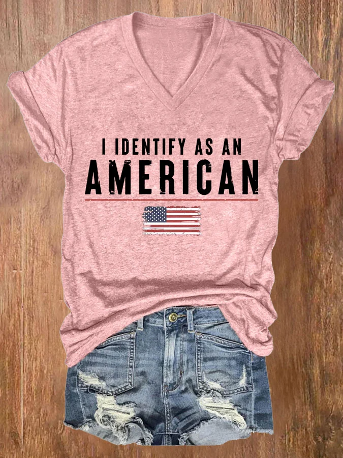 Women's I Identify As An American Print Casual V Neck T-shirt